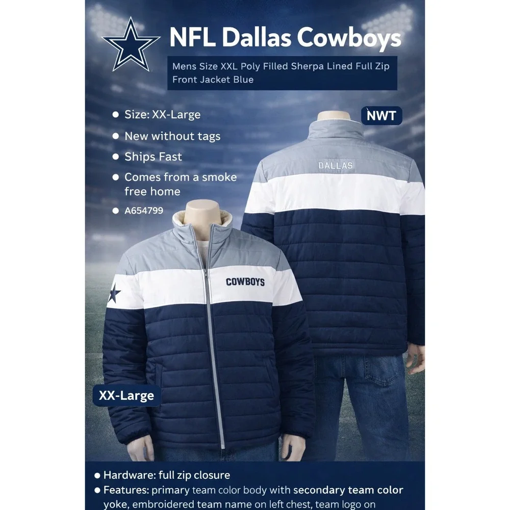 NFL‎ Dallas Cowboys Mens XXL Sherpa Lined Puffer Jacket Full Zip Blue Grey